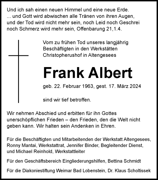 Traueranzeige von Frank Albert von Ostthüringer Zeitung