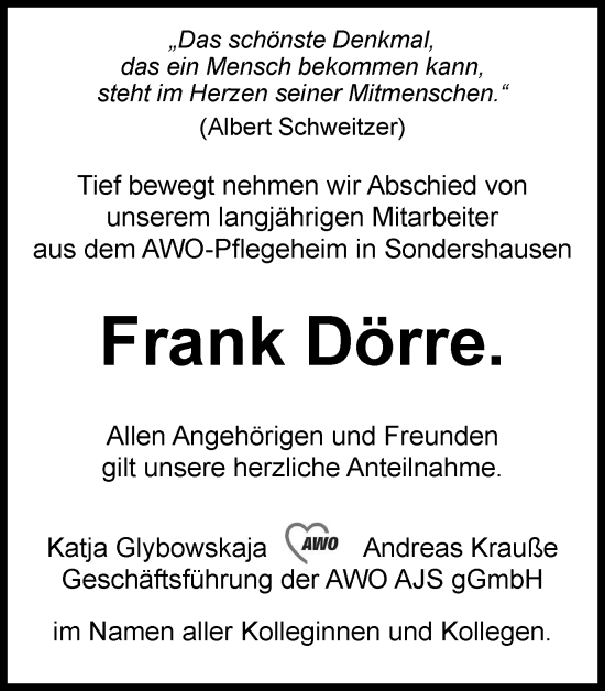 Traueranzeige von Frank Dörre von Thüringer Allgemeine