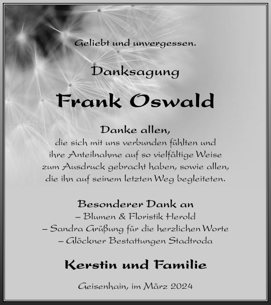 Traueranzeige von Frank Oswald von Ostthüringer Zeitung