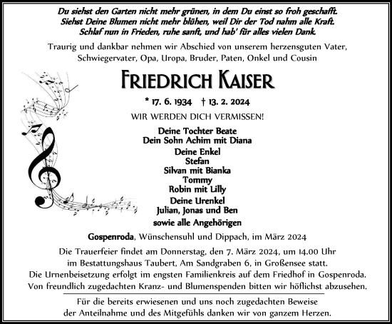 Traueranzeige von Friedrich Kaiser von Thüringer Allgemeine, Thüringische Landeszeitung