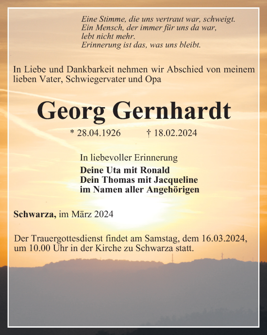 Traueranzeige von Georg Gernhardt