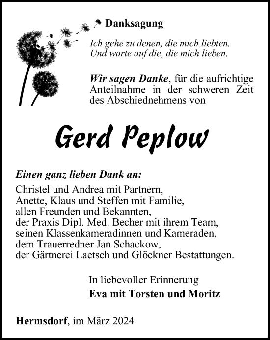 Traueranzeige von Gerd Peplow von Ostthüringer Zeitung