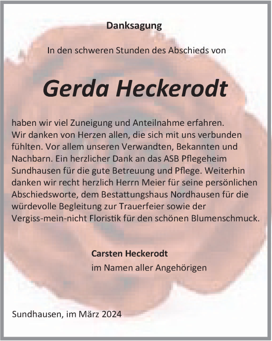 Traueranzeige von Gerda Heckerodt von Thüringer Allgemeine