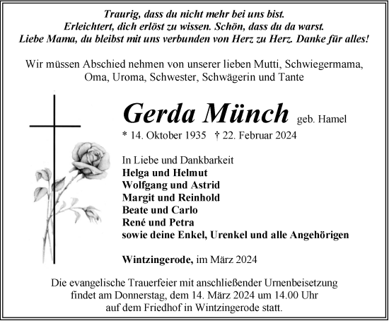 Traueranzeige von Gerda Münch von Thüringer Allgemeine