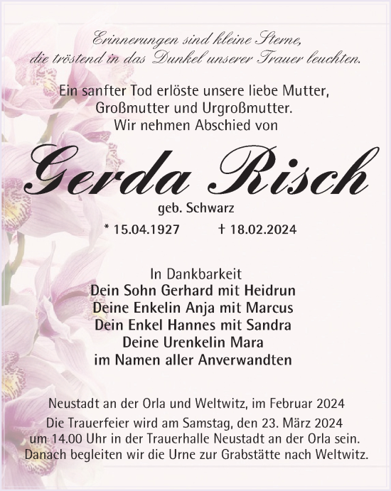 Traueranzeige von Gerda Risch