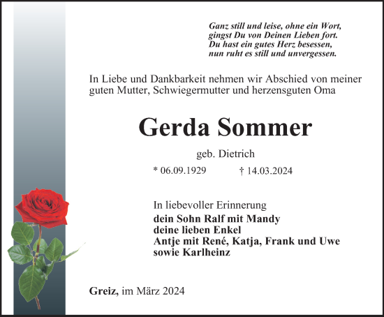 Traueranzeige von Gerda Sommer