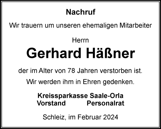 Traueranzeige von Gerhard Häßner von Ostthüringer Zeitung