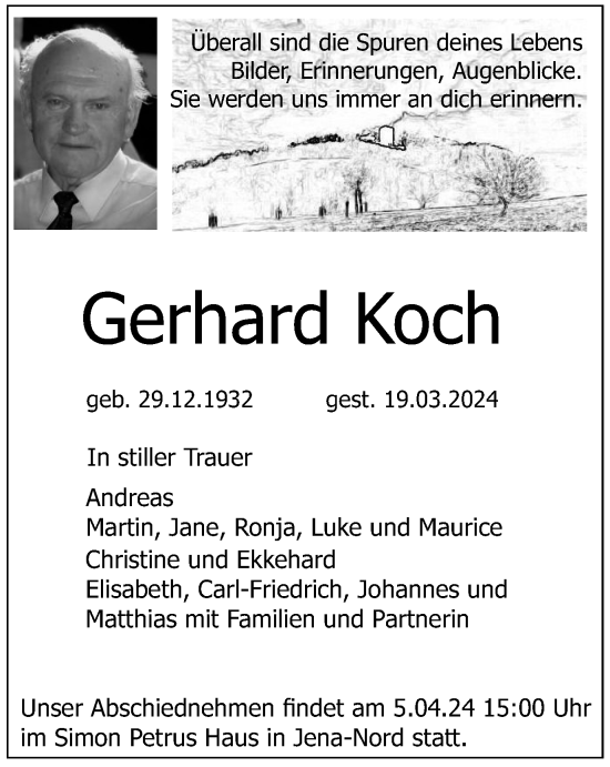 Traueranzeige von Gerhard Koch von Ostthüringer Zeitung, Thüringische Landeszeitung