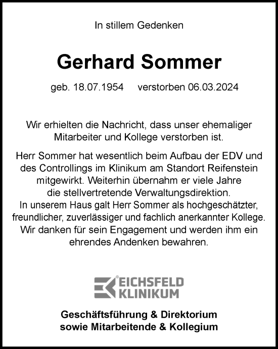 Traueranzeige von Gerhard Sommer von Thüringer Allgemeine