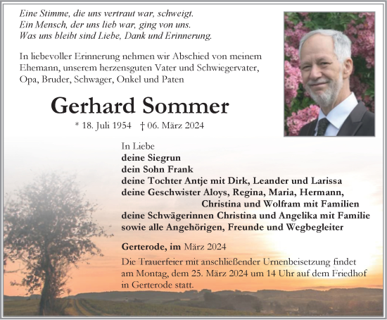 Traueranzeige von Gerhard Sommer von Thüringer Allgemeine