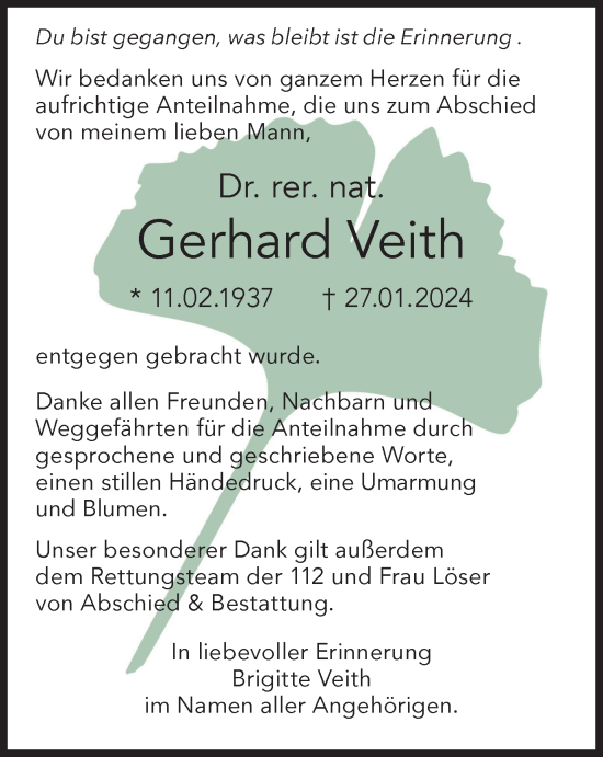 Traueranzeige von Gerhard Veith von Ostthüringer Zeitung, Thüringische Landeszeitung