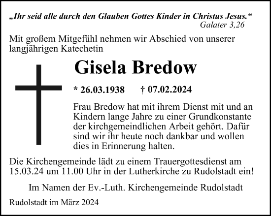 Traueranzeige von Gisela Bredow von Ostthüringer Zeitung