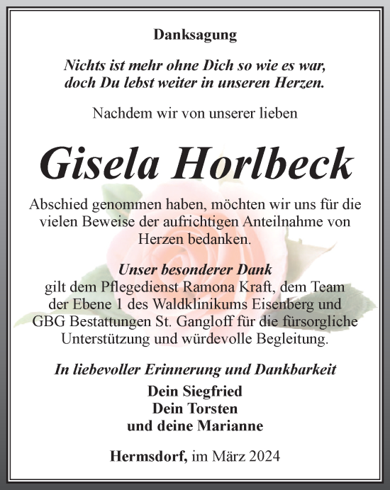 Traueranzeige von Gisela Horlbeck von Ostthüringer Zeitung