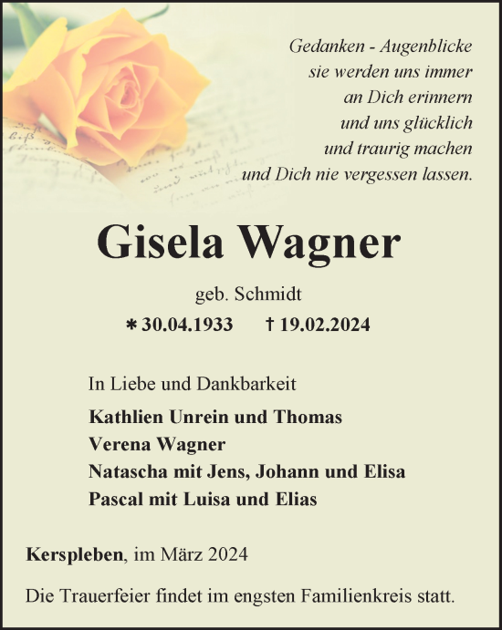 Traueranzeige von Gisela Wagner von Thüringer Allgemeine, Thüringische Landeszeitung
