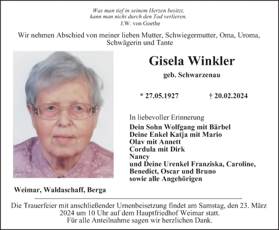 Traueranzeige von Gisela Winkler von Thüringer Allgemeine, Thüringische Landeszeitung