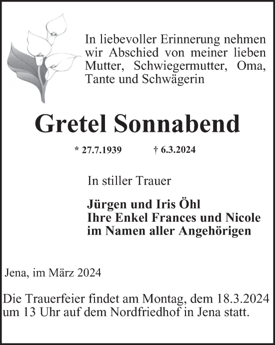 Traueranzeige von Gretel Sonnabend von Ostthüringer Zeitung