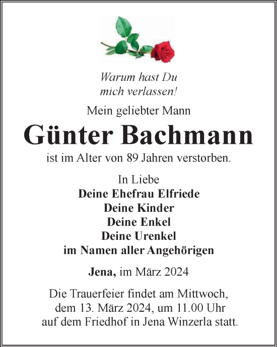 Traueranzeige von Günter Bachmann von Ostthüringer Zeitung, Thüringische Landeszeitung