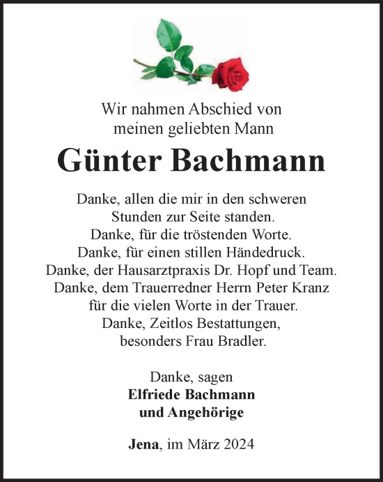 Traueranzeige von Günter Bachmann von Ostthüringer Zeitung, Thüringische Landeszeitung