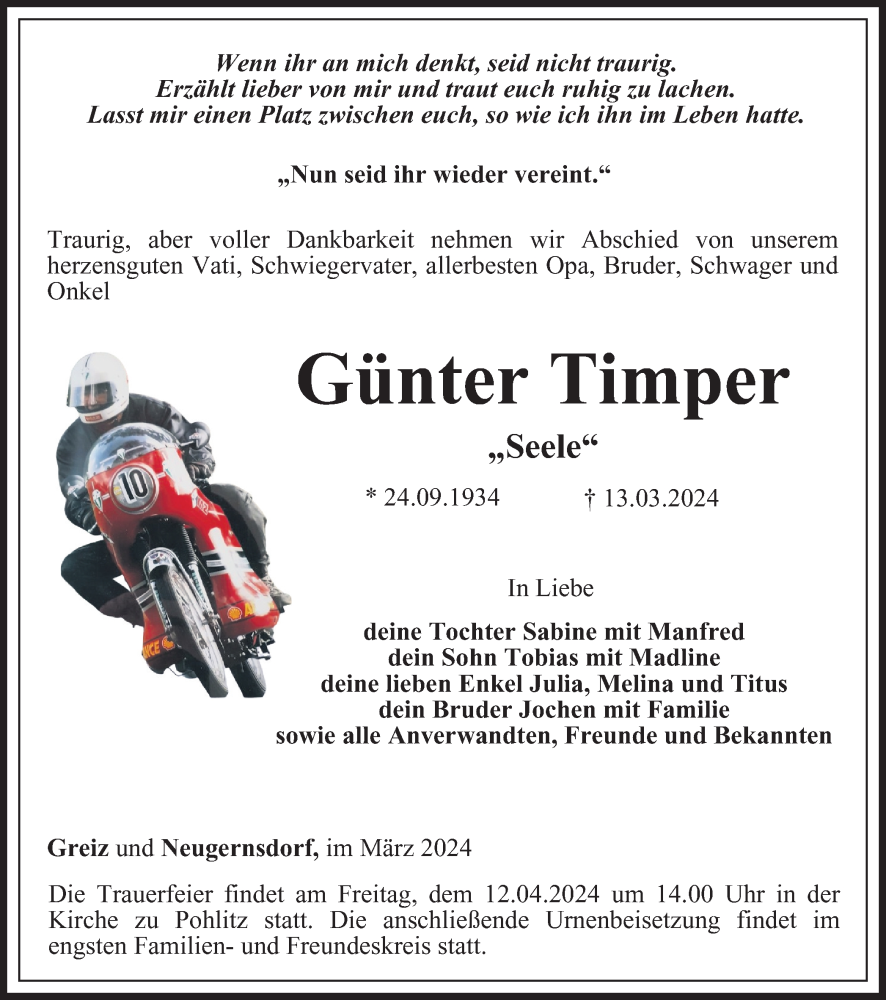 Traueranzeige für Günter Timper vom 22.03.2024 aus Ostthüringer Zeitung