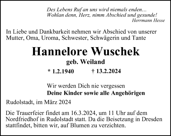 Traueranzeige von Hannelore Wuschek von Ostthüringer Zeitung