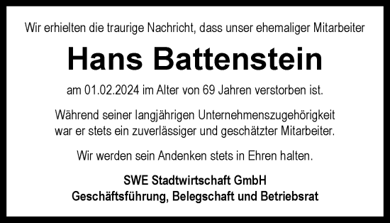 Traueranzeige von Hans Battenstein von Thüringer Allgemeine, Thüringische Landeszeitung