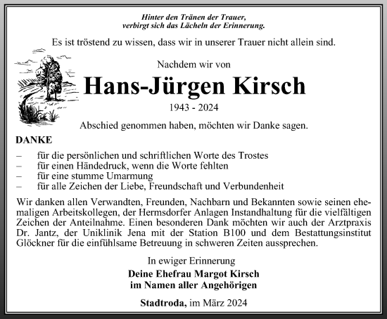 Traueranzeige von Hans-Jürgen Kirsch von Ostthüringer Zeitung