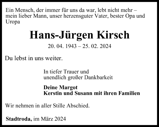 Traueranzeige von Hans-Jürgen Kirsch von Ostthüringer Zeitung