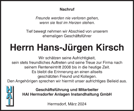 Traueranzeige von Hans-Jürgen Kirsch von Ostthüringer Zeitung