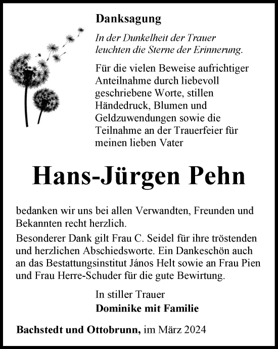 Traueranzeige von Hans-Jürgen Pehn von Thüringer Allgemeine