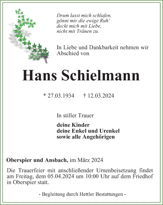 Traueranzeige von Hans Schielmann von Thüringer Allgemeine