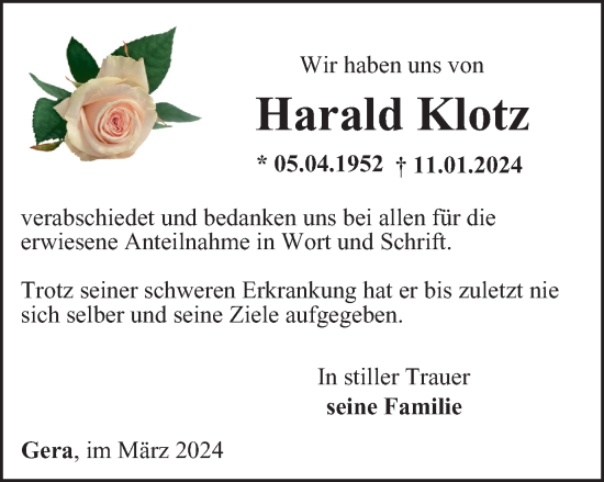 Traueranzeige von Harald Klotz von Ostthüringer Zeitung