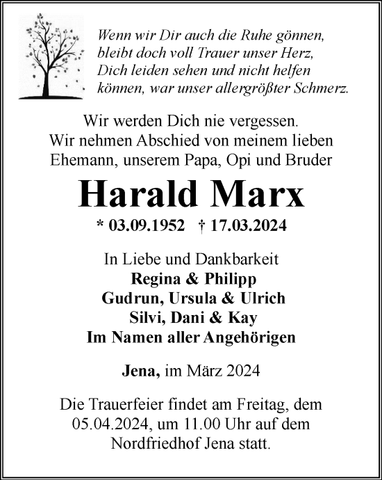 Traueranzeige von Harald Marx von Ostthüringer Zeitung, Thüringische Landeszeitung