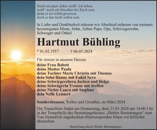 Traueranzeige von Hartmut Bühling von Thüringer Allgemeine