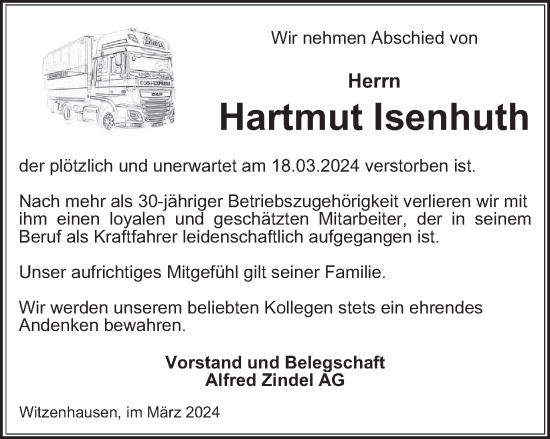 Traueranzeige von Hartmut Isenhuth von Thüringer Allgemeine