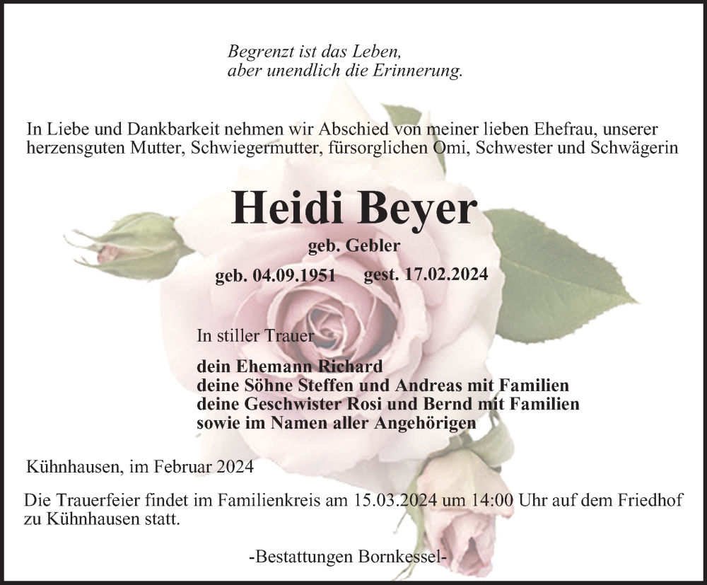  Traueranzeige für Heidi Beyer vom 09.03.2024 aus Thüringer Allgemeine, Thüringische Landeszeitung