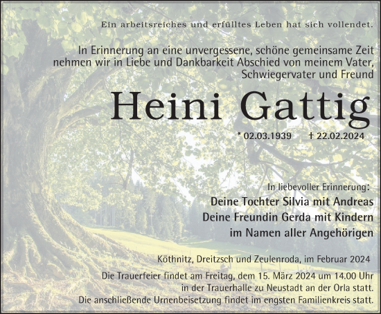 Traueranzeige von Heini Gattig