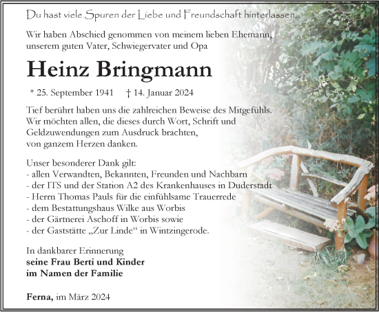 Traueranzeige von Heinz Bringmann von Thüringer Allgemeine