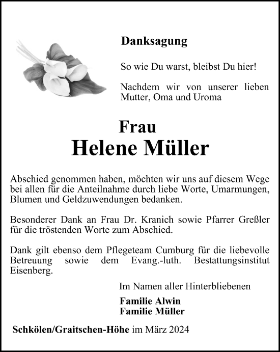 Traueranzeige von Helene Müller von Ostthüringer Zeitung