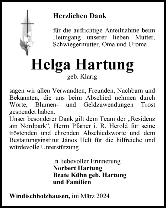 Traueranzeige von Helga Hartung von Thüringer Allgemeine, Thüringische Landeszeitung