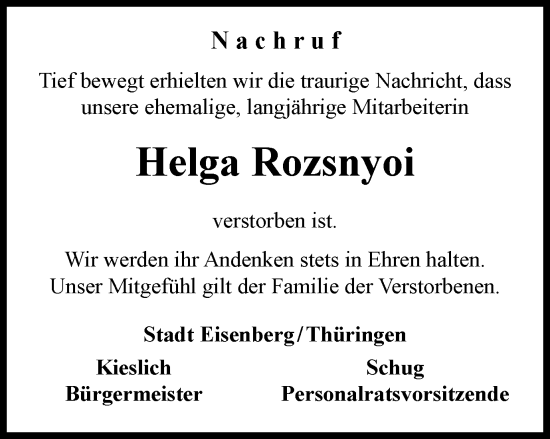 Traueranzeige von Helga Rozsnyoi von Ostthüringer Zeitung