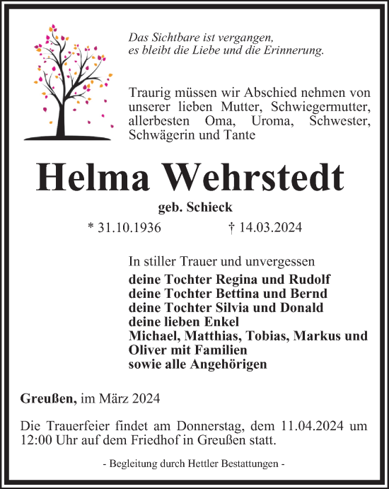 Traueranzeige von Helma Wehrstedt von Thüringer Allgemeine