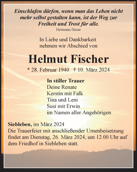 Traueranzeige von Helmut Fischer von Thüringer Allgemeine, Thüringische Landeszeitung