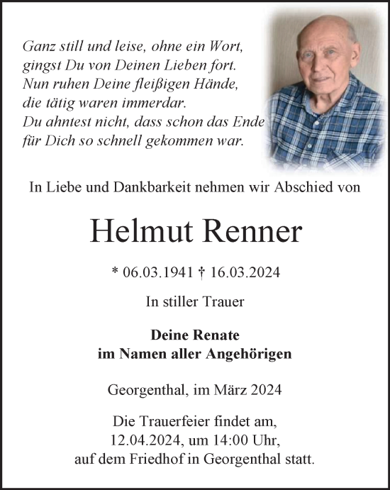 Traueranzeige von Helmut Renner von Thüringer Allgemeine, Thüringische Landeszeitung