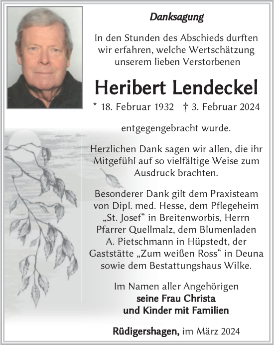Traueranzeige von Heribert Lendeckel von Thüringer Allgemeine