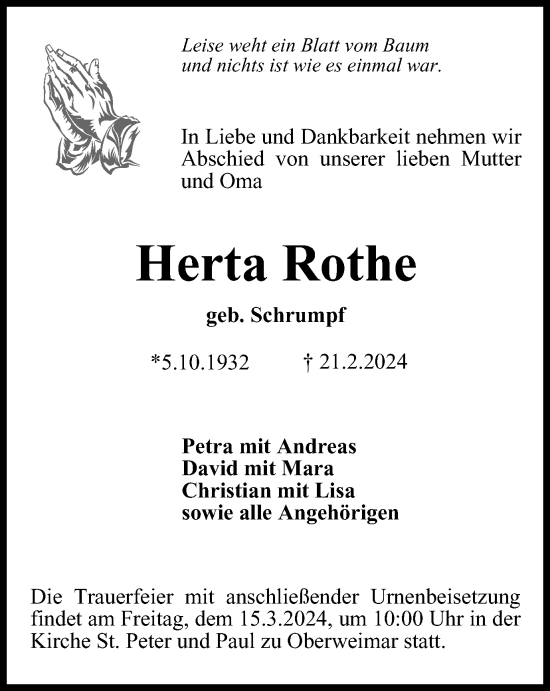 Traueranzeige von Herta Rothe von Thüringer Allgemeine, Thüringische Landeszeitung