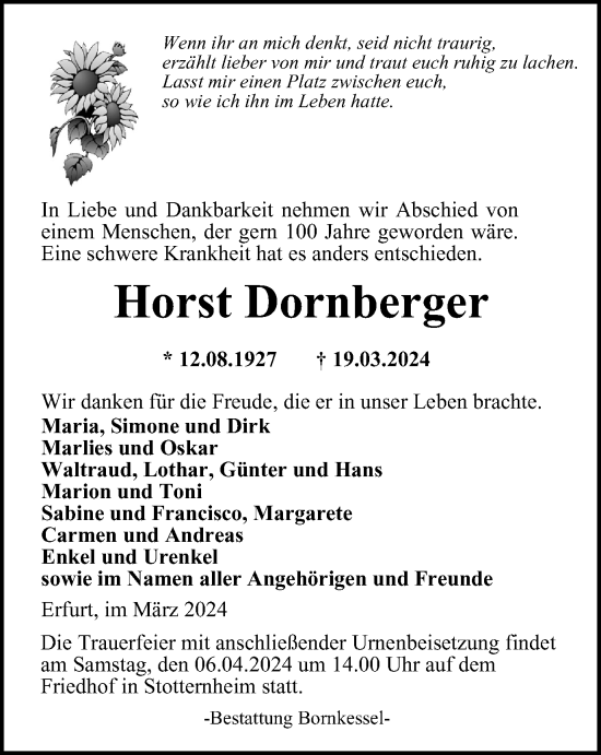Traueranzeige von Horst Dornberger von Thüringer Allgemeine, Thüringische Landeszeitung