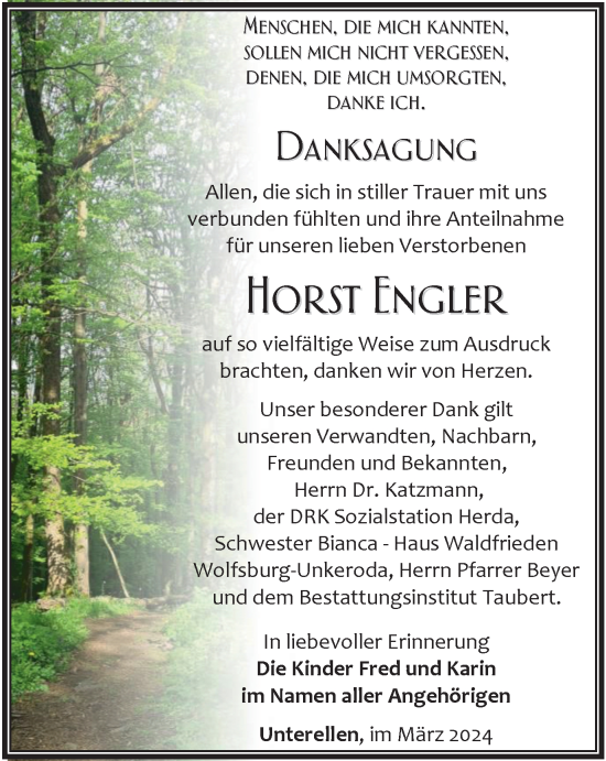 Traueranzeige von Horst Engler von Thüringer Allgemeine, Thüringische Landeszeitung