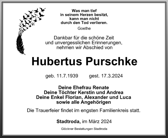 Traueranzeige von Hubertus Purschke von Ostthüringer Zeitung