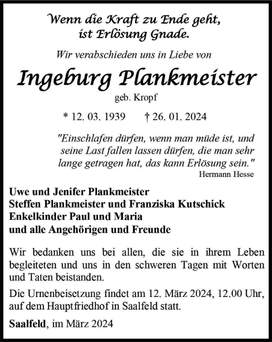 Traueranzeige von Imgeburg Plankmeister von Ostthüringer Zeitung