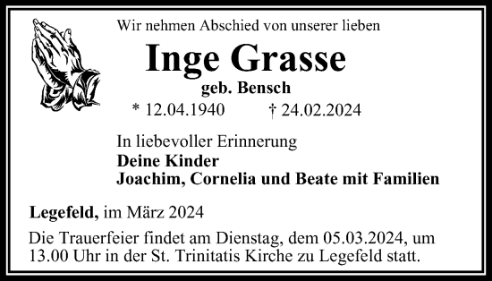 Traueranzeige von Inge Grasse von Thüringer Allgemeine, Thüringische Landeszeitung